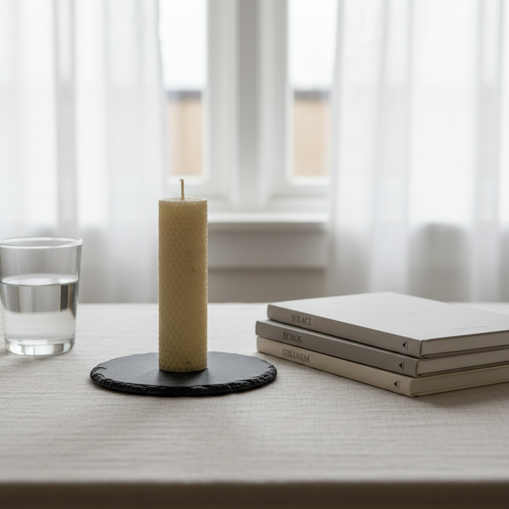 A single, unlit beeswax candle standing upright on a small slate coaster atop a linen-covered table, beside a neatly stacked set of minimalist poetry chapbooks in muted cream and gray covers. The window behind is framed by sheer white curtains, letting in diffused overcast daylight that softly illuminates the candle’s subtle texture and the embossed titles on the spines. A faint reflection of the scene appears in a nearby glass of water. Photographic realism, centered composition with generous negative space, creating a serene, sophisticated mood that suggests quiet reflection and emotional resilience.