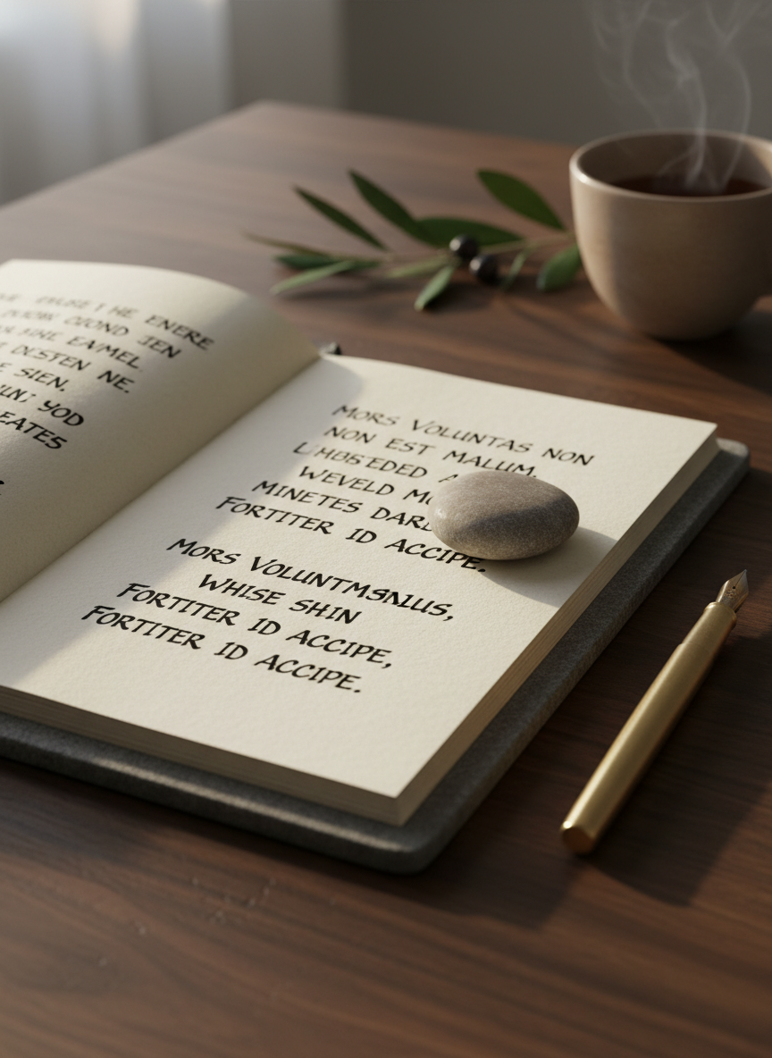 A slender stone notebook lying open on a dark walnut desk, its creamy pages filled with neat lines of handwritten stoic verse in deep black ink. A smooth, weathered river stone rests on one page like a quiet placeholder, while a brass fountain pen with a fine nib lies parallel to the spine. Soft morning light enters from the left, grazing the paper fibers and creating gentle shadows along the inked lines. In the blurred background, a simple clay cup of tea and a single olive branch complete the scene. Photographic realism, eye-level composition with shallow depth of field, evoking calm, steadiness, and contemplative focus.