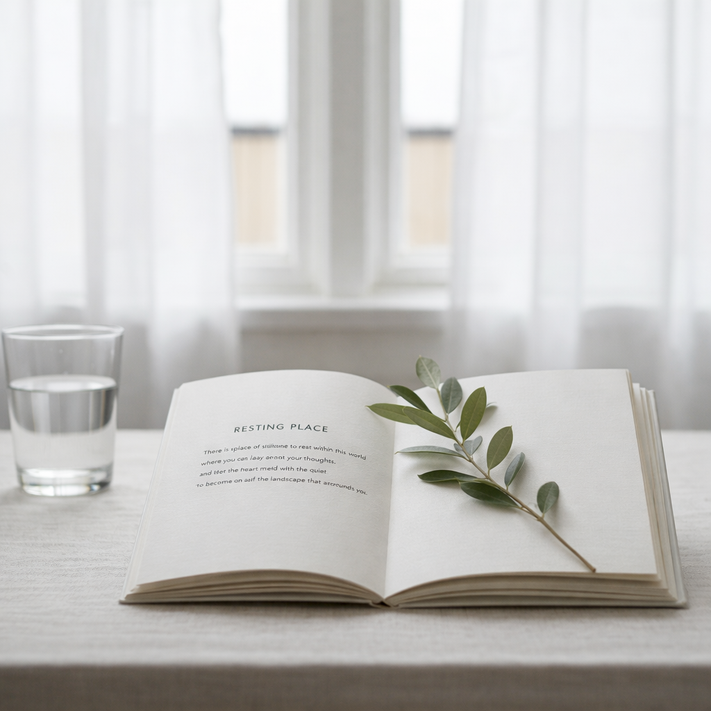 A single, unlit beeswax candle standing upright on a small slate coaster atop a linen-covered table, beside a neatly stacked set of minimalist poetry chapbooks in muted cream and gray covers. The window behind is framed by sheer white curtains, letting in diffused overcast daylight that softly illuminates the candle’s subtle texture and the embossed titles on the spines. A faint reflection of the scene appears in a nearby glass of water. Photographic realism, centered composition with generous negative space, creating a serene, sophisticated mood that suggests quiet reflection and emotional resilience.